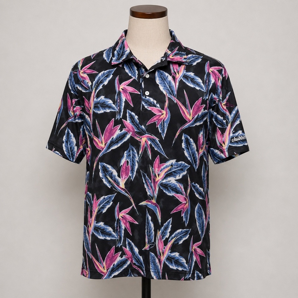 Chubbies Mens Bird of Paradise Floral Performance Polo Shirt Black Pink Size M
